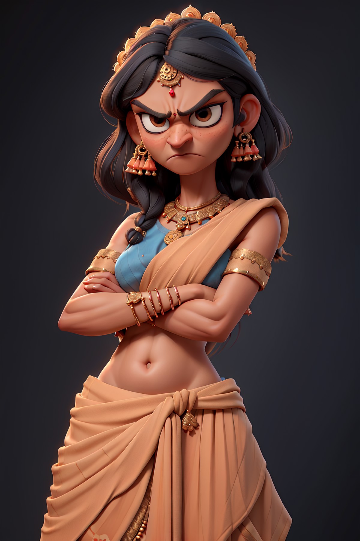 masterpiece, best quality,angry indian woman wearing sari with a belly exposed and a necklace on her neck and earrings, he...
